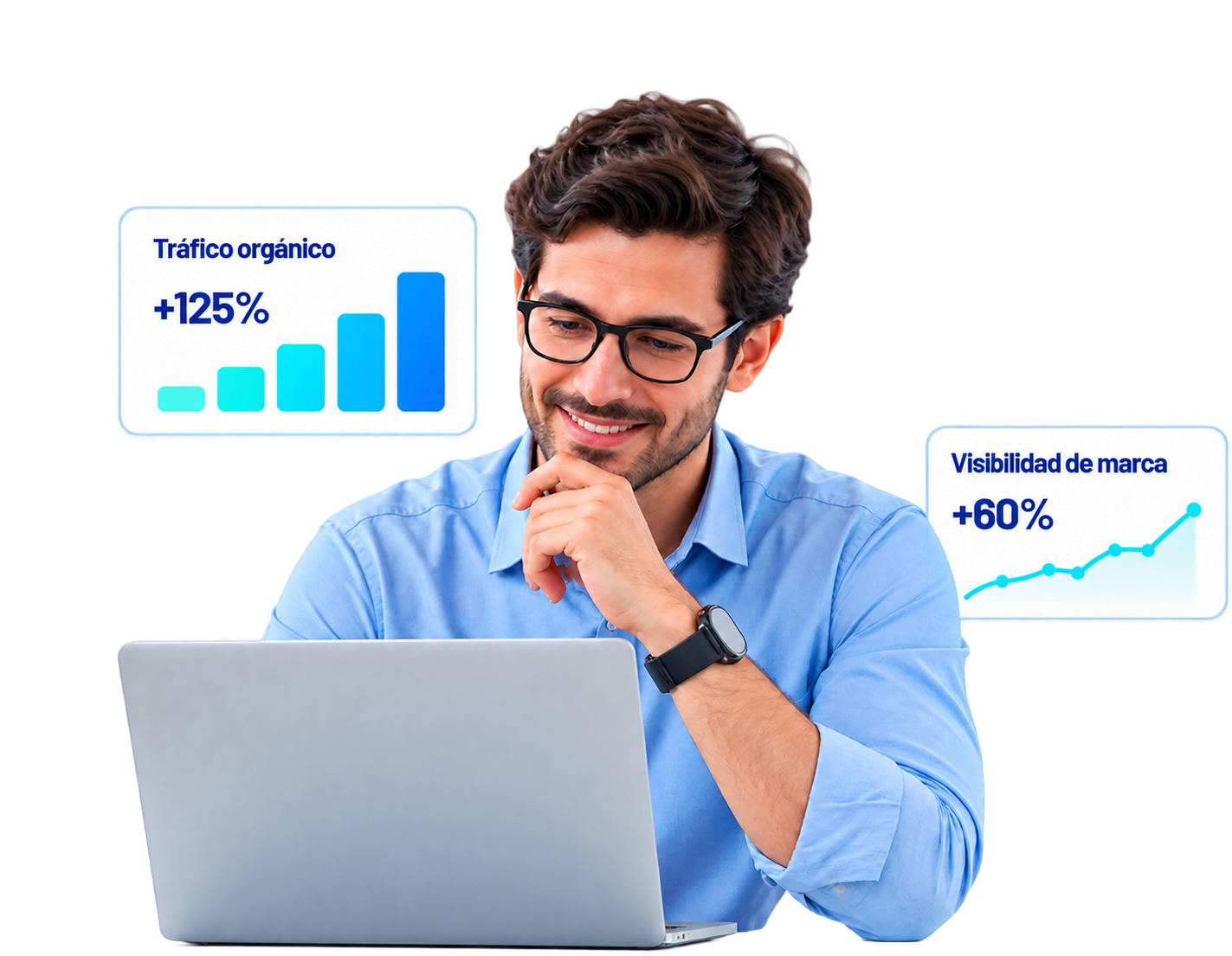 Profesional trabajando junto a indicadores de presencia digital